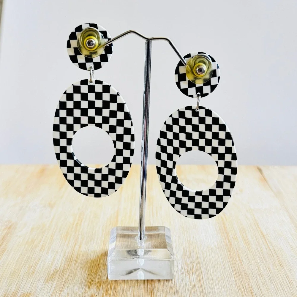 VTG Funky Flashy Checkered Earrings Lucite Runway Rave Dangle 80s Statement Post
